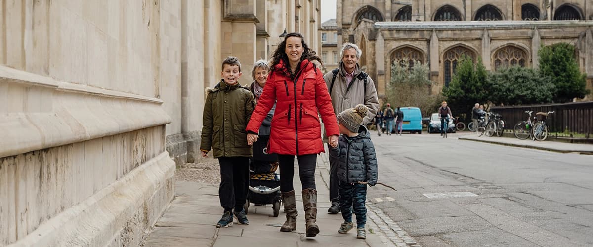 Multigenerational family walking down a city street